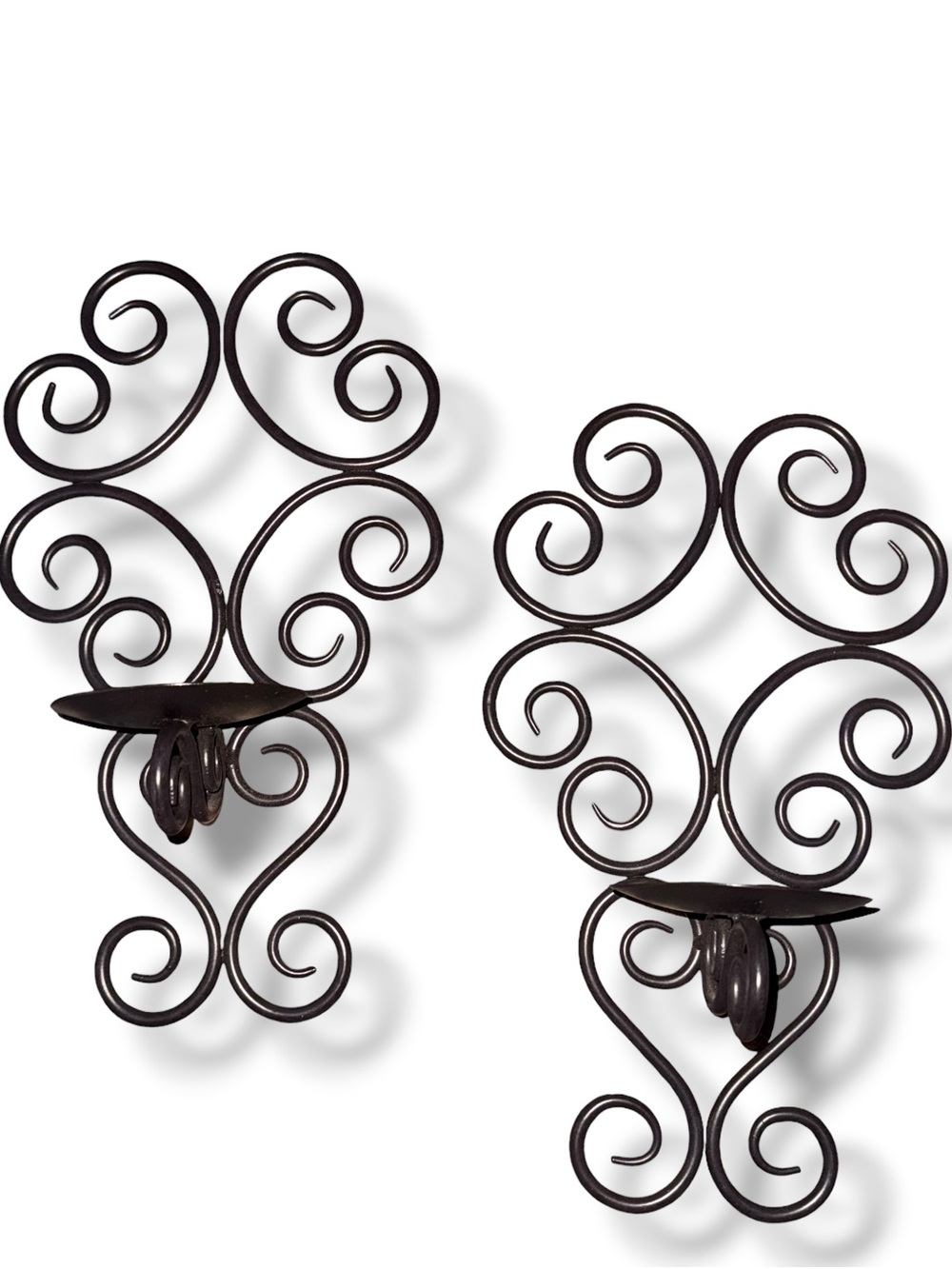 Set of wrought iron scroll work wall pillar candle sconces